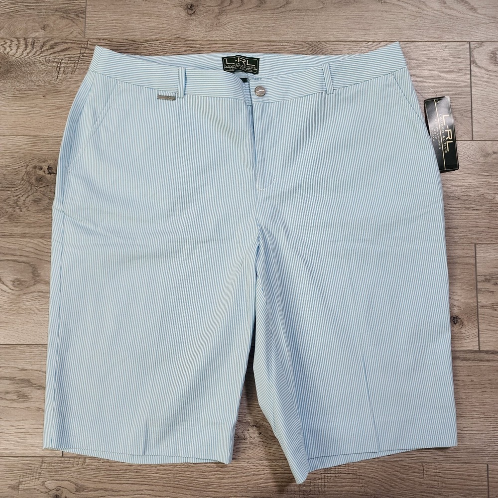 L-RL LAUREN ACTIVE Shorts Womens 14W Blue Pinstripe Bermuda Flat Front‎ NWT